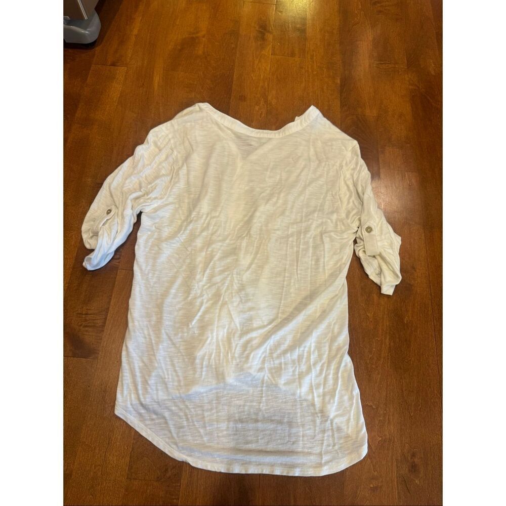 Democracy Women’s Medium White Embroidered Boho Peasant Top Roll Tab 3/4 Sleeve - Picture 5 of 6